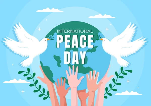 International Peace Day Cartoon Illustration Hands Pigeon Globe Blue Sky — Stock Vector