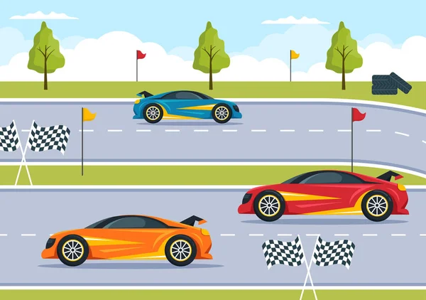 Formula Racing Sport Car Reach Race Circuit Finish Line Cartoon — 스톡 벡터