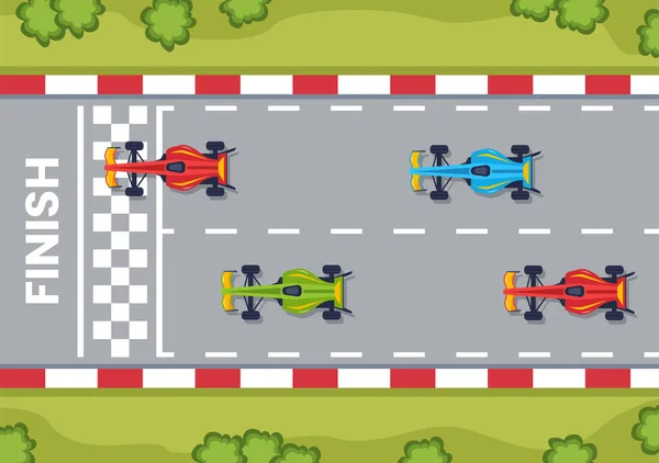 Formula Racing Sport Car Raggiungere Sul Circuito Gara Traguardo Cartoon — Vettoriale Stock