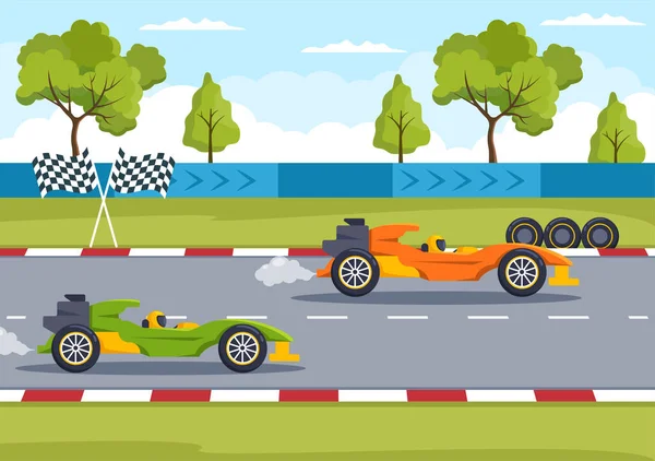 Formula Racing Sport Car Reach Race Circuit Finish Line Cartoon — Stockvektor