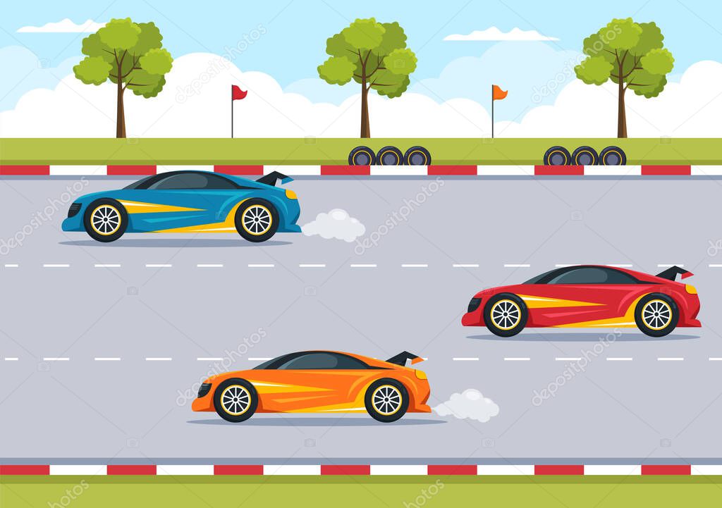 Formula Racing Sport Car Reach on Race Circuit the Finish Line Cartoon Illustration to Win the Championship in Flat Style Design