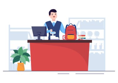 Stationery Shop for Buying School Supplies Like a Book, Backpack, Notebook, Ruler, Pencil, Pen, Calculator or Scissors in Flat Cartoon Illustration