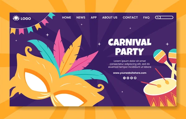 Happy Carnival Party Social Media Landing Page Template Cartoon Background — Archivo Imágenes Vectoriales