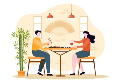 People Eating Japanese Food in the Restaurant with Various Delicious Dishes in Flat Style Cartoon Illustration
