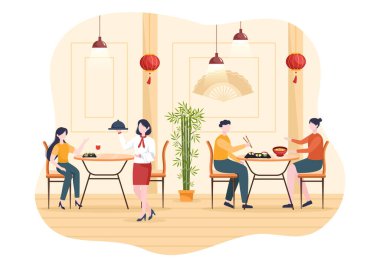 İnsanlar lokantada Düz Çizgi Film Çizimleri İçinde Çeşitli Lezzetli Tabaklar Yiyor