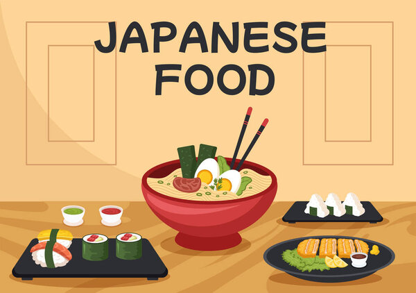 Japanese Food Cartoon Illustration with Various Delicious Dishes in the Restaurant such as Sushi on a Plate, Sashimi Roll and Other in Flat Style