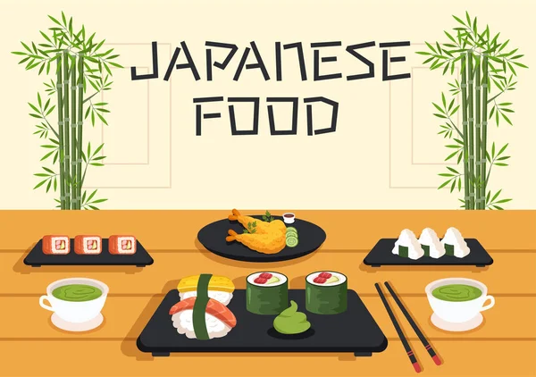 Japanese Food Cartoon Illustration Various Delicious Dishes Restaurant Sushi Plate — Διανυσματικό Αρχείο