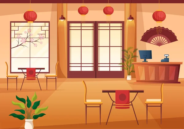Японская Иллюстрация Пищевой Карикатуры Различными Вкусными Блюдами Ресторане Такими Суши — стоковый вектор