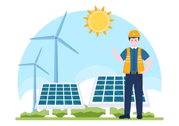 Solar Energy Installation Panel Wind Turbine Maintenance Home Service Team — Image vectorielle