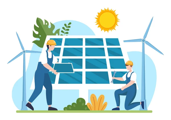 Solar Energy Installation Panel Wind Turbine Maintenance Home Service Team — Image vectorielle