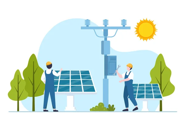 Solar Energy Installation Panel Wind Turbine Maintenance Home Service Team — Vetor de Stock