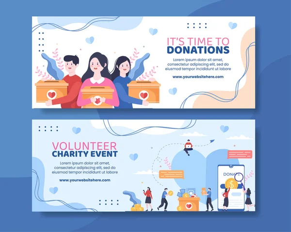 Charity Donation Horizontal Banner Template Flat Cartoon Background Vector Illustration — Image vectorielle