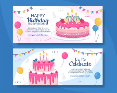 Mutlu Yıllar Parti Yatay Sancak Şablonu Düz Çizgi Film Arkaplan Vektör İllüstrasyonu