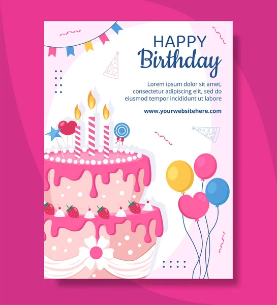 Happy Birthday Party Poster Template Flat Cartoon Background Vector Illustration — 图库矢量图片