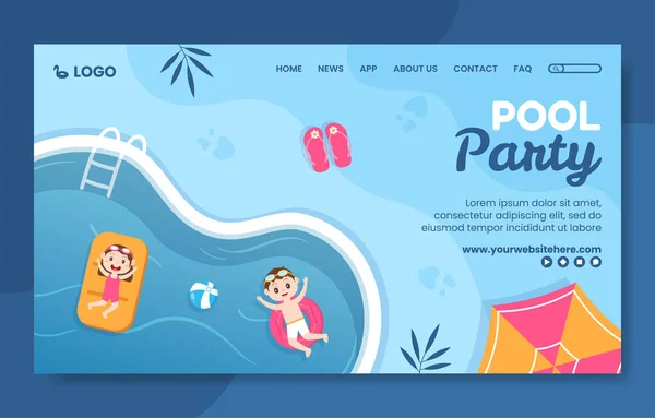 Summer Pool Party Social Media Landing Page Template Cartoon Background — Stock Vector