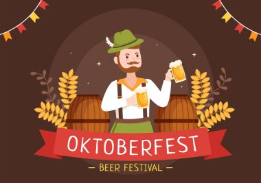 Oktoberfest Festival Cartoon Illustration with Bavarian Costume Holding Beer Glass while Dancing in Traditional German in Flat Style Design