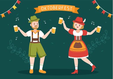 Geleneksel Almanca Düz Tasarım Dansında Dans Ederken Bavyera Kostümlü Bira Bardağıyla Oktoberfest Festivali Çizgi Film Çizimi
