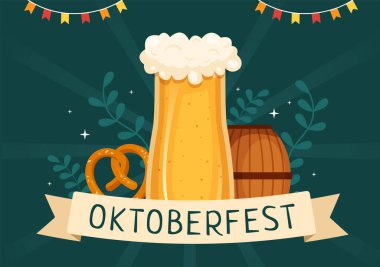 Oktoberfest Festivali Çizgi Film Çizimi Bira Kadehi veya Geleneksel Almanca Şişesi Düz Arkaplan Tasarımı