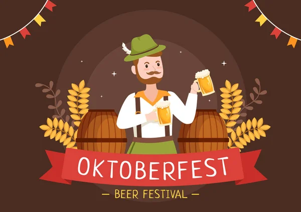 Oktoberfest Festival Cartoon Illustration Bavarian Costume Holding Beer Glass While — 스톡 벡터