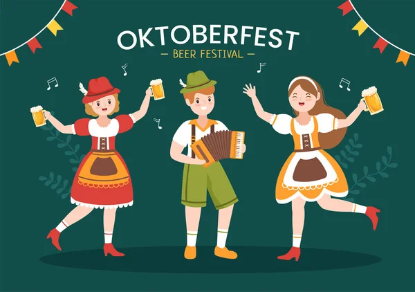 Oktoberfest Festival Cartoon Illustration Bavarian Costume Holding Beer Glass While — Vettoriale Stock