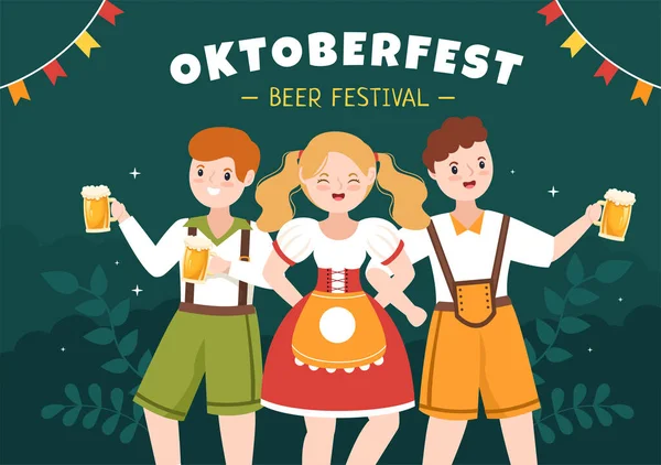 Oktoberfest Festival Cartoon Illustration Bavarian Costume Holding Beer Glass While — стоковый вектор