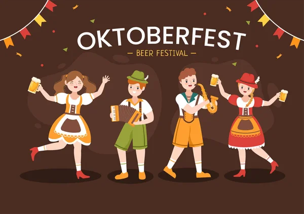 Oktoberfest Festival Cartoon Illustration Bavarian Costume Holding Beer Glass While — 图库矢量图片