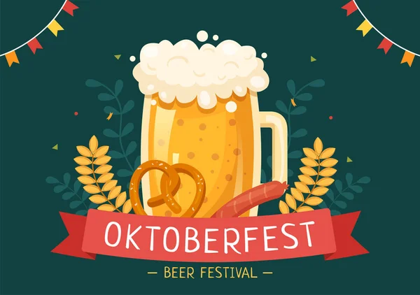 Oktoberfest Festival Ilustração Dos Desenhos Animados Com Copo Cerveja Garrafa —  Vetores de Stock