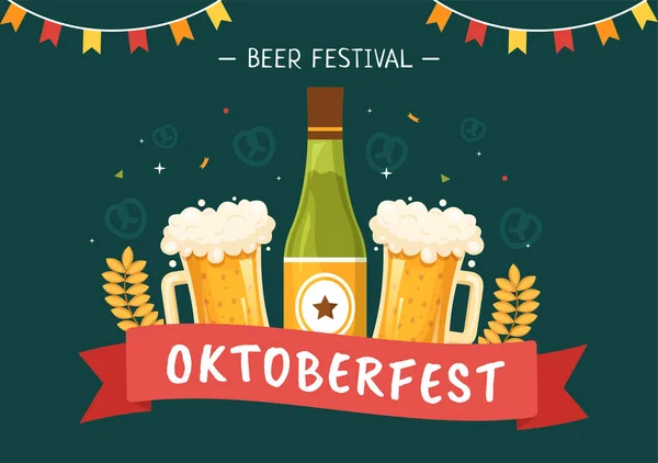Oktoberfest Festival Cartoon Illustration Beer Glass Bottle Traditional German Flat — Image vectorielle