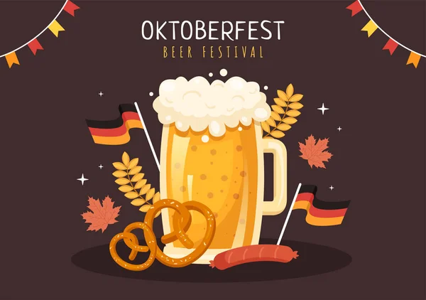 Oktoberfest Festival Cartoon Illustration Beer Glass Bottle Traditional German Flat — Image vectorielle