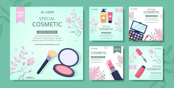 Makeup Cosmetics Collection Social Media Post Template Cartoon Background Illustration — Image vectorielle