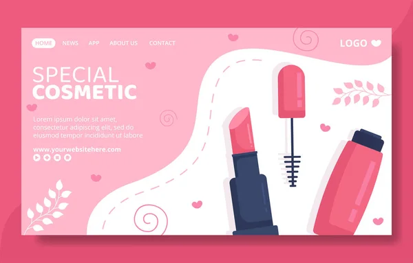 Makeup Cosmetics Collection Social Media Landing Page Template Cartoon Background — Image vectorielle