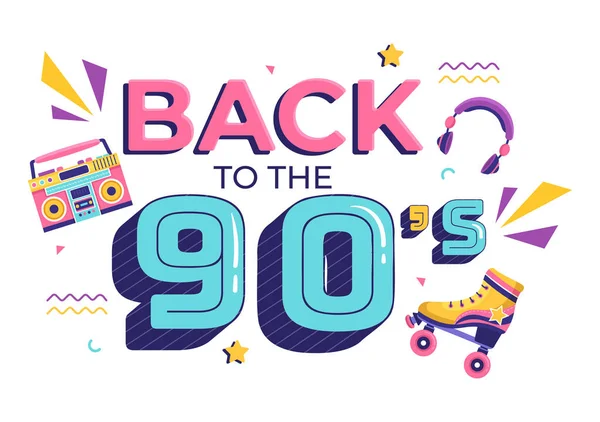90S Retro Party Cartoon Background Illustration Nineties Music Sneakers Radio — Stockový vektor