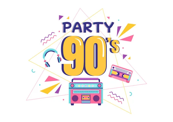 90S Retro Party Cartoon Background Illustration Nineties Music Sneakers Radio — стоковый вектор