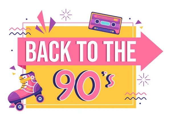 90Er Retro Party Cartoon Hintergrundillustration Mit Musik Turnschuhen Radio Tanzzeit — Stockvektor