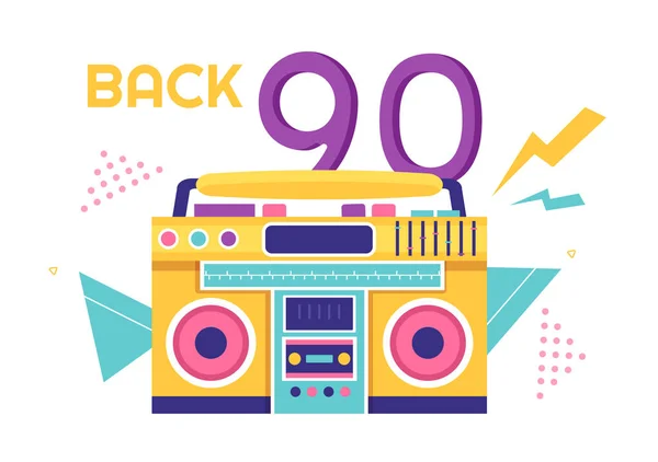 90S Retro Party Cartoon Background Illustration Nineties Music Sneakers Radio — Stock Vector