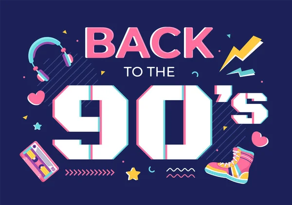 90S Retro Party Cartoon Background Illustration Nineties Music Sneakers Radio — Vector de stock