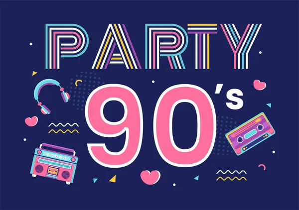 90S Retro Party Cartoon Background Illustration Nineties Music Sneakers Radio — Vettoriale Stock