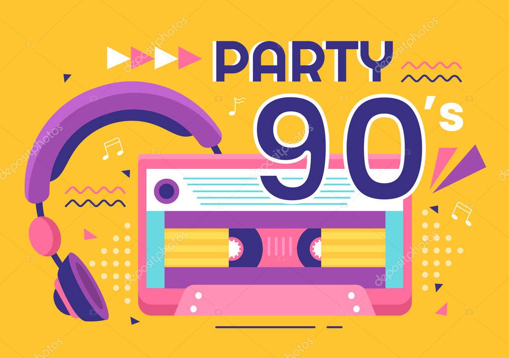 90s Retro Party Cartoon Background Illustration with Nineties Music, Sneakers, Radio, Dance Time and Tape Cassette in Trendy Flat Style Design