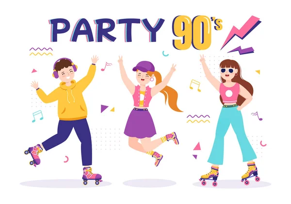 90S Retro Party Cartoon Background Illustration Music Sneakers Radio People — Vector de stock