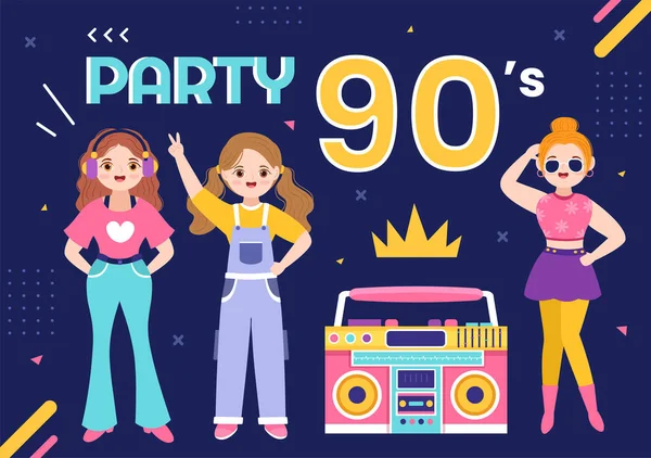 90S Retro Party Cartoon Background Illustration Music Sneakers Radio People — Vector de stock