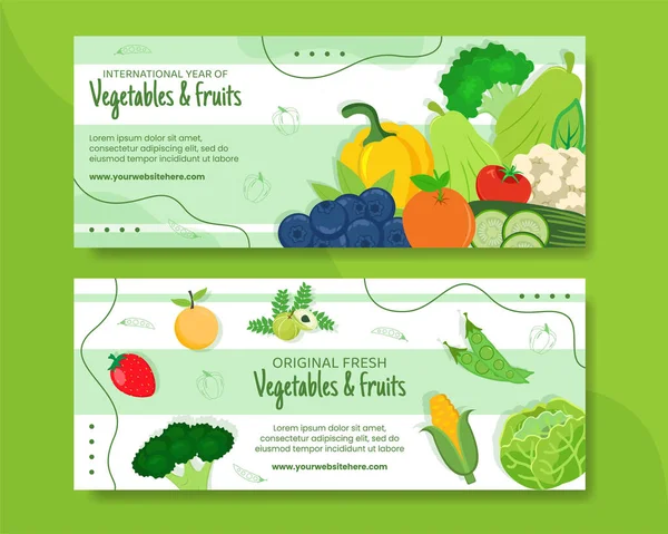 Vegetables Fruits Horizontal Banner Template Cartoon Background Vector Illustration — Vetor de Stock