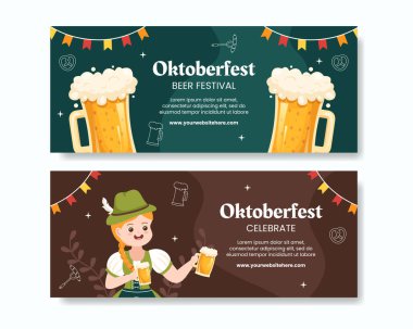 Oktoberfest Bira Festivali Yatay Sancak Şablonu Çizgi Film Arkaplan Vektör İllüstrasyonu