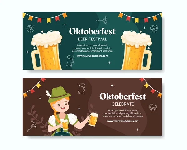 Oktoberfest Beer Festival Horizontal Banner Template Cartoon Background Vector Illustration — Vettoriale Stock