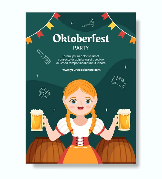 Oktoberfest Beer Festival Poster Template Cartoon Background Vector Illustration — Vettoriale Stock