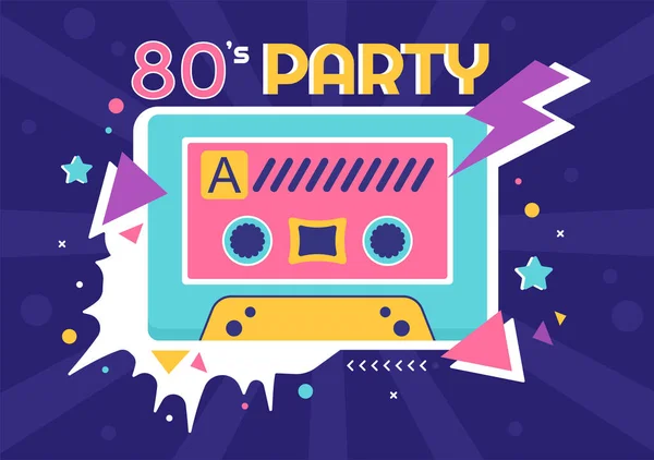 80Er Party Cartoon Hintergrundillustration Mit Retro Musik 1980 Radio Kassettenspieler — Stockvektor