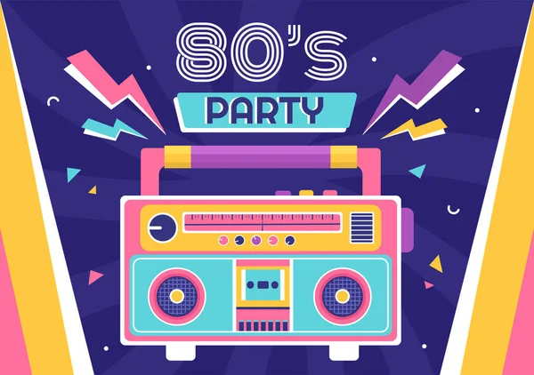 80S Party Cartoon Background Illustration Retro Music 1980 Radio Cassette —  Vetores de Stock