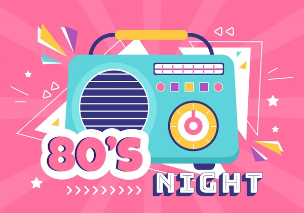 80S Party Cartoon Background Illustration Retro Music 1980 Radio Cassette — Stockvektor