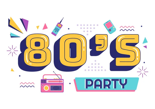 80S Party Cartoon Background Illustration Retro Music 1980 Radio Cassette — Stockvektor