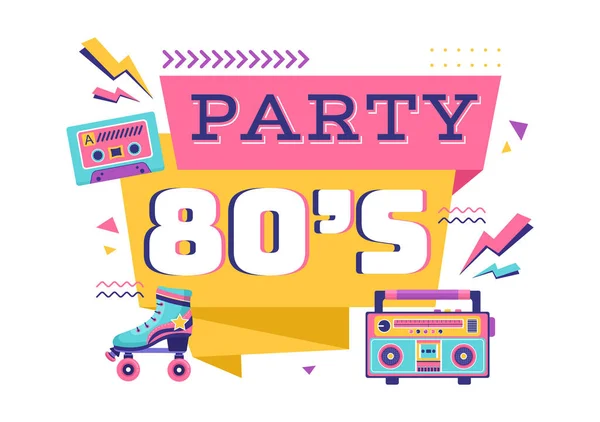 80S Party Cartoon Background Illustration Retro Music 1980 Radio Cassette — Vector de stock