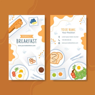 Breakfast Card Dik Şablon Düz Çizgi Arkaplan Vektör Resimlemesi